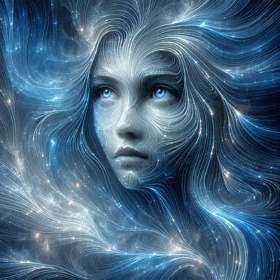 The primary subject of the image is a woman with long hair, blue eyes, and a serene expression. She is surrounded by a blue and white background, which adds to the overall mood of the scene. The visual style of the image is digital art, as it is a detailed and intricate representation of the woman. The colors and mood of the image are calming and peaceful, with the blue and white tones creating a sense of tranquility.